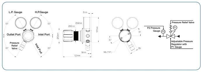 Регулятор давления   Серия HPS601B для чистых газов, корпус никелированная латунь , н/ж мембрана, одноступ., 0-6 бар раб. давление, без запорного клапана, DIN 1 вх. соед., 6мм фитинг вых. соед.